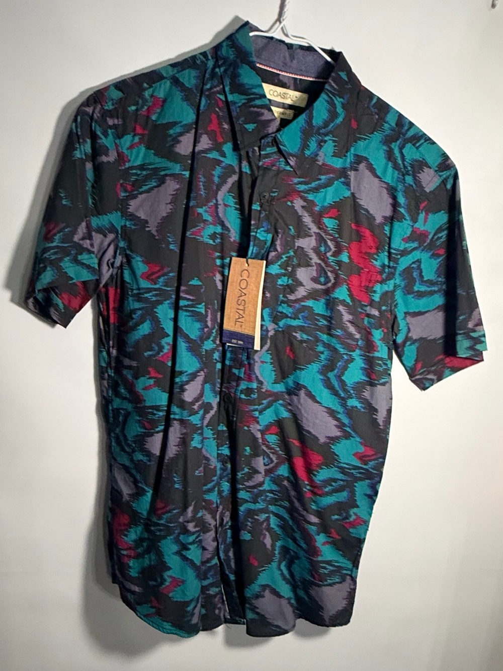 Men's Short-Sleeve Button-Up Shirt - Teal & Black Abstract Print